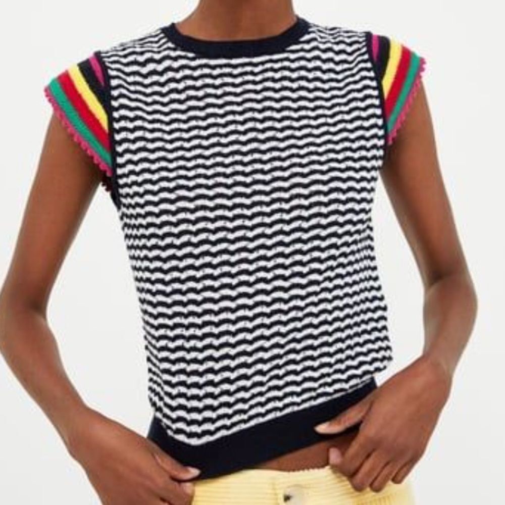 Zara Knit Black and White Striped Top w Colorful Crocheted Sleeve-Size Small
